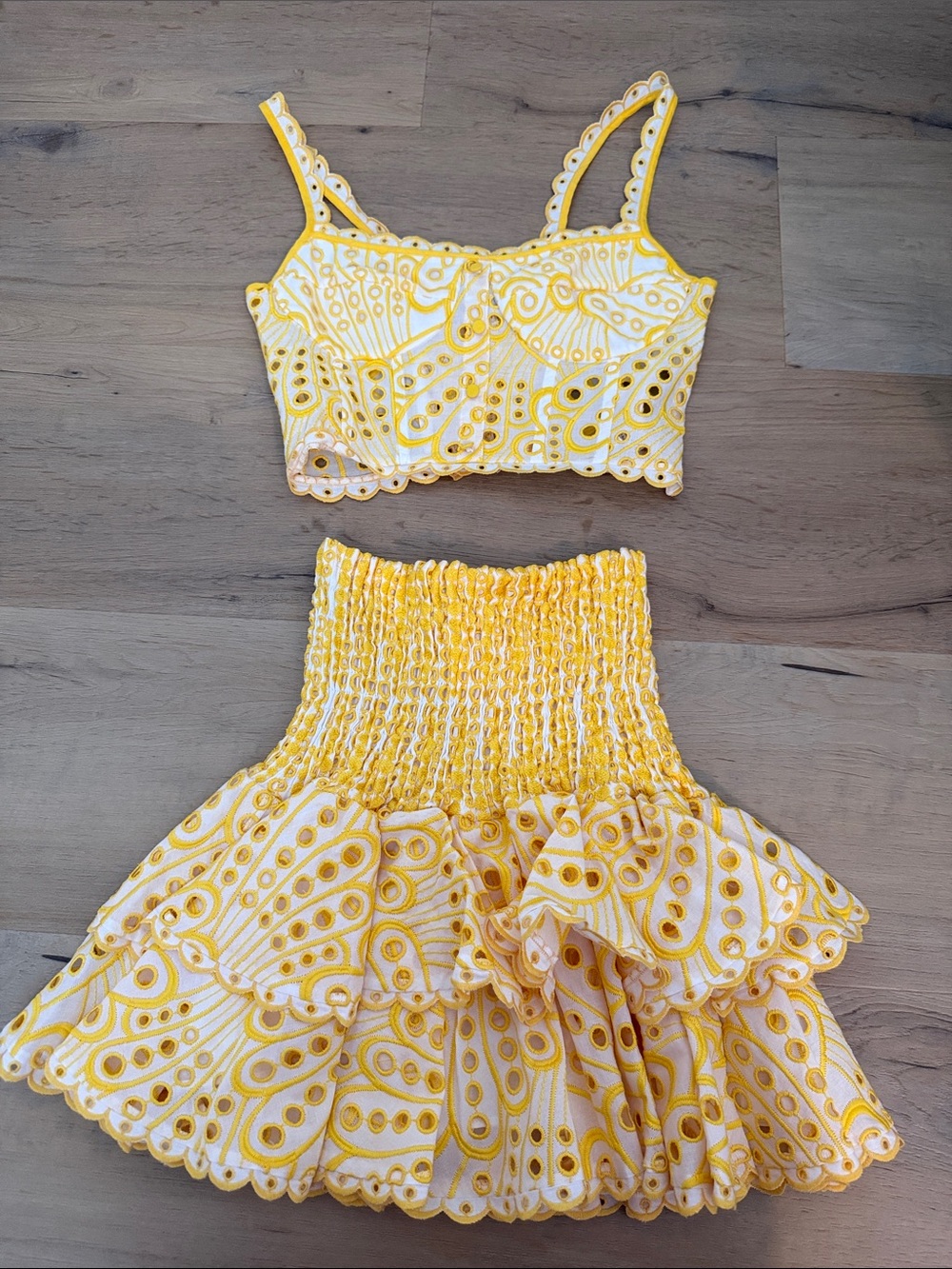 Charo Ruiz Yellow & White Embroidered Crop Top and Tiered Skirt Set